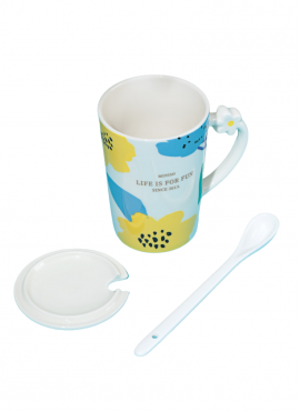 Floral Series Ceramic Mug with Cover and Spoon 360mL