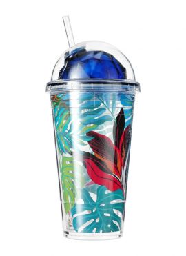 Tropical Forest Series Monstera Deliciosa Print Plastic Bottle with Straw, 450mL(Blue Lid)